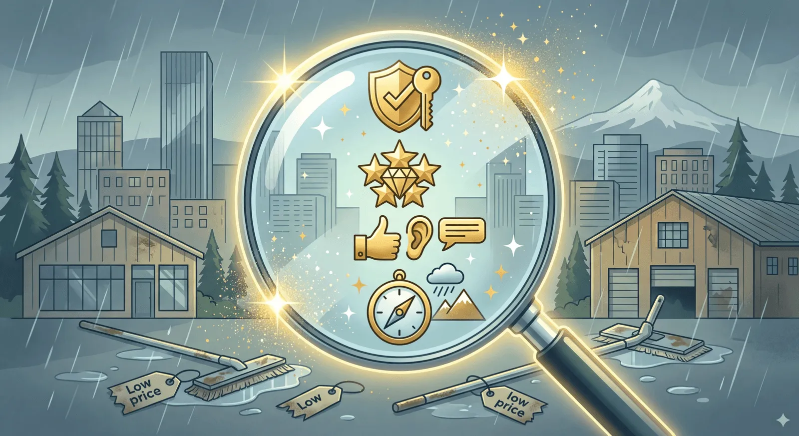 Professional commercial cleaning team working in a Portland office building