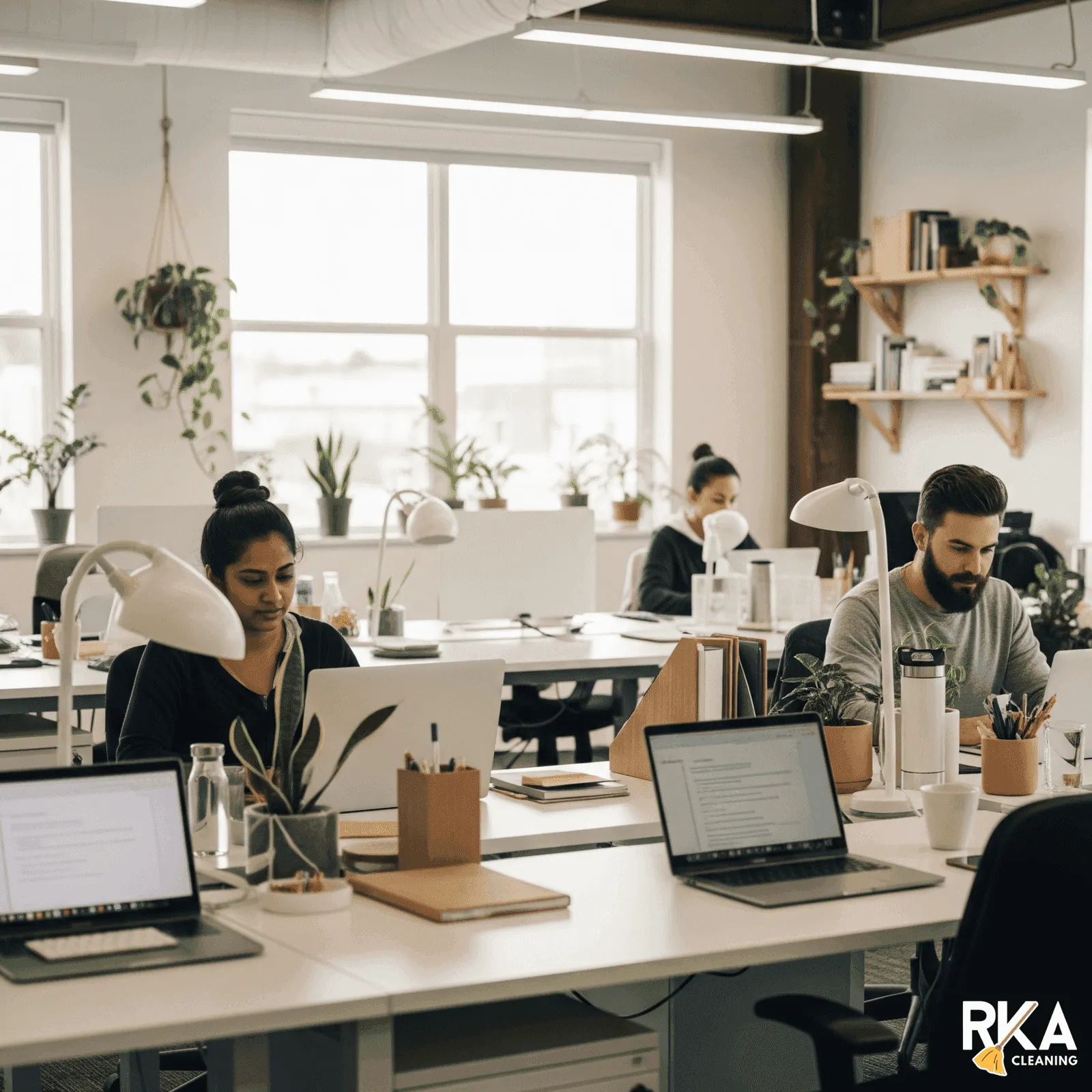 Organized modern office in Portland with clean desks and happy employees