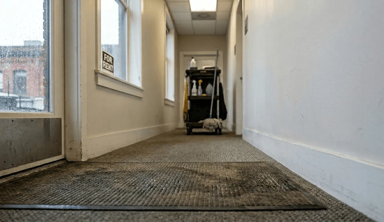 Neglected commercial hallway with cleaning cart and For Rent sign - the result of no systems