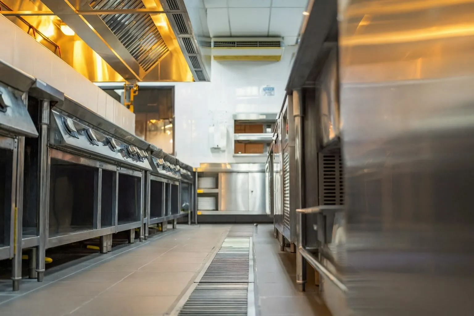 Stainless commercial kitchen line under the hoods