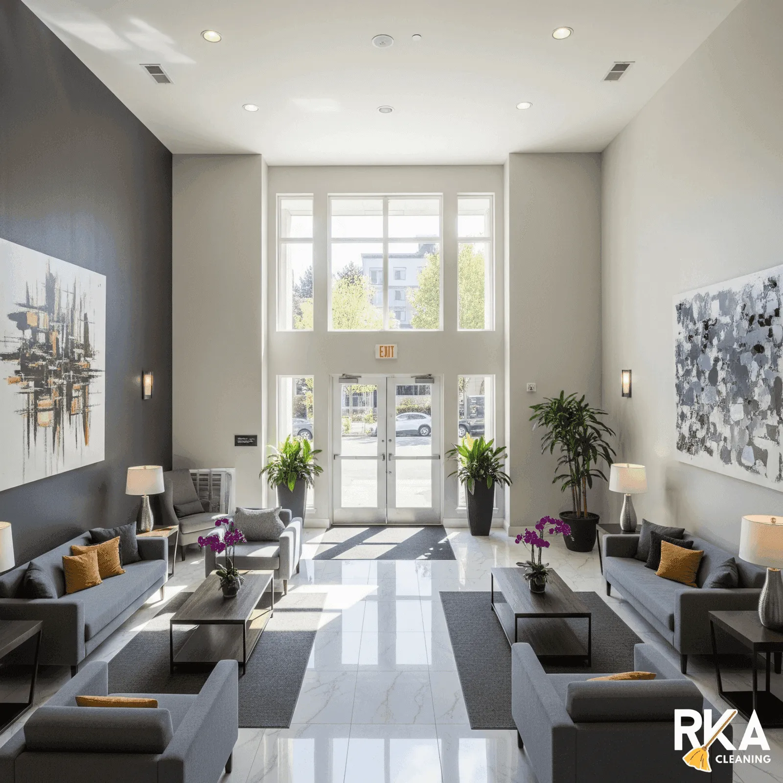 Clean and modern apartment lobby maintained by professional cleaners in Portland
