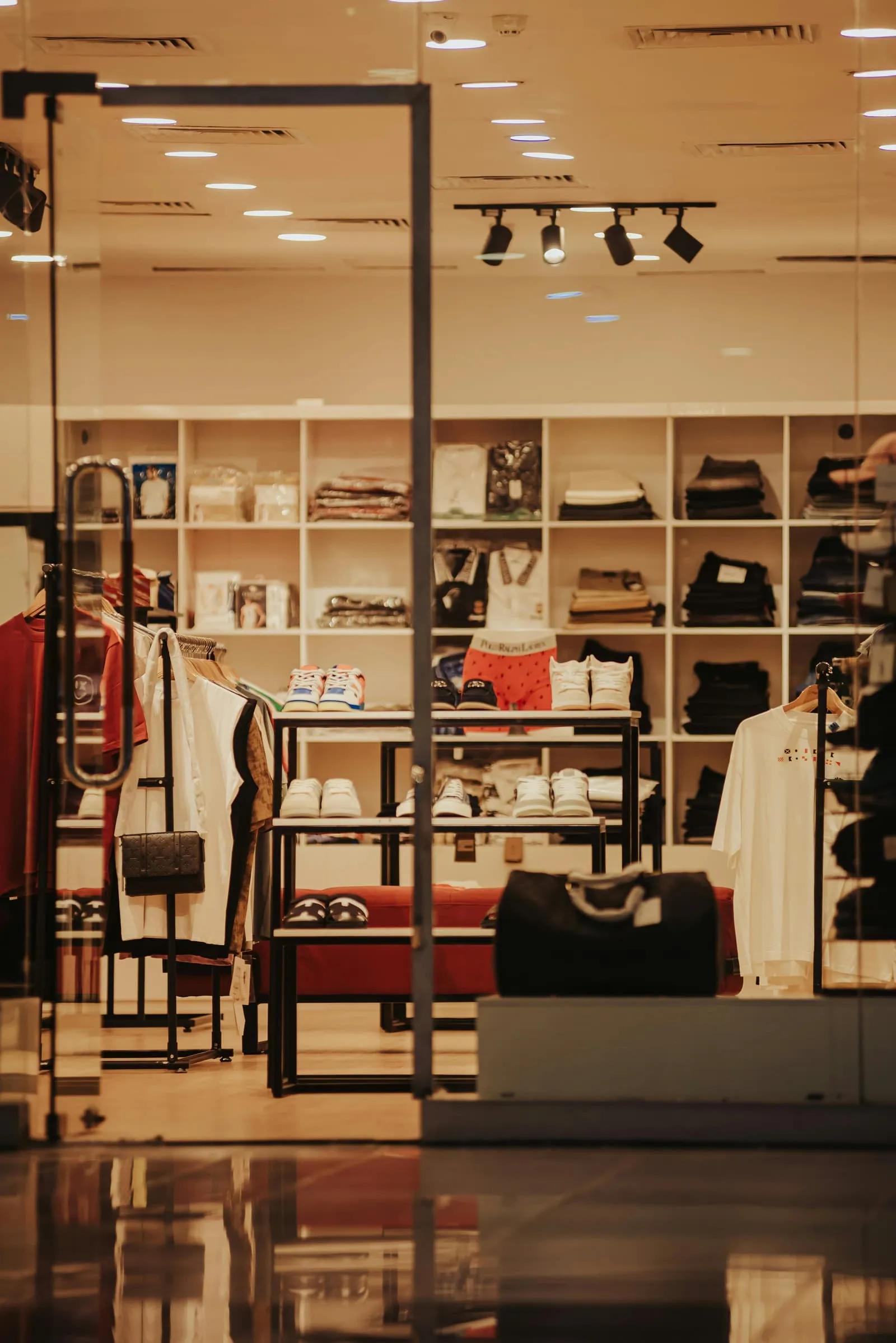Clothing store with shelving and a glossy floor